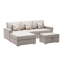 Lilola Home Nolan Beige Linen Fabric 4Pc Reversible Sofa Chaise With Interchangeable Legs, Storage Ottoman, And Pillows