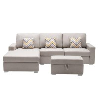 Lilola Home Nolan Beige Linen Fabric 4Pc Reversible Sofa Chaise With Interchangeable Legs, Storage Ottoman, And Pillows