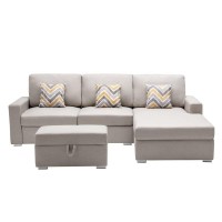 Lilola Home Nolan Beige Linen Fabric 4Pc Reversible Sofa Chaise With Interchangeable Legs, Storage Ottoman, And Pillows