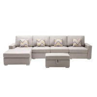 Lilola Home Nolan Beige Linen Fabric 5Pc Reversible Sofa Chaise With Interchangeable Legs, Storage Ottoman, And Pillows