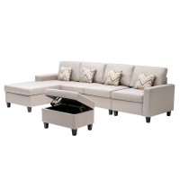 Lilola Home Nolan Beige Linen Fabric 5Pc Reversible Sofa Chaise With Interchangeable Legs, Storage Ottoman, And Pillows
