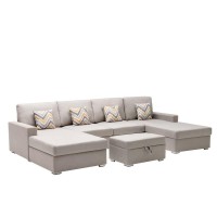 Lilola Home Nolan Beige Linen Fabric 5Pc Double Chaise Sectional Sofa With Interchangeable Legs, Storage Ottoman, And Pillows