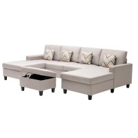 Lilola Home Nolan Beige Linen Fabric 5Pc Double Chaise Sectional Sofa With Interchangeable Legs, Storage Ottoman, And Pillows
