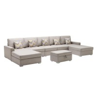 Lilola Home Nolan Beige Linen Fabric 6Pc Double Chaise Sectional Sofa With Interchangeable Legs, Storage Ottoman, And Pillows
