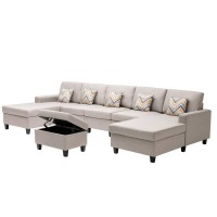 Lilola Home Nolan Beige Linen Fabric 6Pc Double Chaise Sectional Sofa With Interchangeable Legs, Storage Ottoman, And Pillows