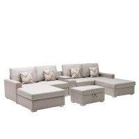 Lilola Home Nolan Beige Linen Fabric 6Pc Double Chaise Sectional Sofa With Interchangeable Legs, Storage Ottoman, Pillows, And A Usb, Charging Ports, Cupholders, Storage Console Table