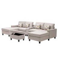Lilola Home Nolan Beige Linen Fabric 6Pc Double Chaise Sectional Sofa With Interchangeable Legs, Storage Ottoman, Pillows, And A Usb, Charging Ports, Cupholders, Storage Console Table