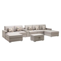 Lilola Home Nolan Beige Linen Fabric 7Pc Double Chaise Sectional Sofa With Interchangeable Legs, Storage Ottoman, Pillows, And A Usb, Charging Ports, Cupholders, Storage Console Table