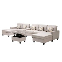 Lilola Home Nolan Beige Linen Fabric 7Pc Double Chaise Sectional Sofa With Interchangeable Legs, Storage Ottoman, Pillows, And A Usb, Charging Ports, Cupholders, Storage Console Table