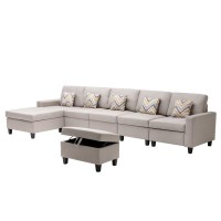 Lilola Home Nolan Beige Linen Fabric 6Pc Reversible Sectional Sofa Chaise With Interchangeable Legs, Pillows And Storage Ottoman