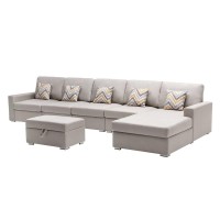 Lilola Home Nolan Beige Linen Fabric 6Pc Reversible Sectional Sofa Chaise With Interchangeable Legs, Pillows And Storage Ottoman
