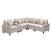 Lilola Home Nolan Beige Linen Fabric 6Pc Reversible Sectional Sofa With A Usb, Charging Ports, Cupholders, Storage Console Table And Pillows And Interchangeable Legs