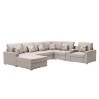 Lilola Home Nolan Beige Linen Fabric 7Pc Reversible Chaise Sectional Sofa With A Usb, Charging Ports, Cupholders, Storage Console Table And Pillows And Interchangeable Legs
