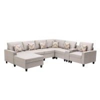 Lilola Home Nolan Beige Linen Fabric 7Pc Reversible Chaise Sectional Sofa With A Usb, Charging Ports, Cupholders, Storage Console Table And Pillows And Interchangeable Legs