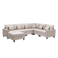 Lilola Home Nolan Beige Linen Fabric 6Pc Reversible Chaise Sectional Sofa With Pillows And Interchangeable Legs