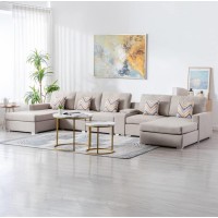 Lilola Home Nolan Beige Linen Fabric 6Pc Double Chaise Sectional Sofa With Interchangeable Legs, A Usb, Charging Ports, Cupholders, Storage Console Table And Pillows