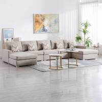 Lilola Home Nolan Beige Linen Fabric 5Pc Double Chaise Sectional Sofa With Pillows And Interchangeable Legs