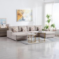 Lilola Home Nolan Beige Linen Fabric 4Pc Double Chaise Sectional Sofa With Pillows And Interchangeable Legs