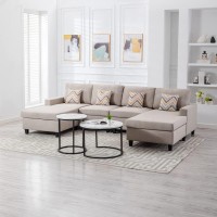 Lilola Home Nolan Beige Linen Fabric 4Pc Double Chaise Sectional Sofa With Pillows And Interchangeable Legs