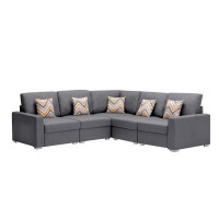 Lilola Home Nolan Gray Linen Fabric 5Pc Reversible Sectional Sofa With Pillows And Interchangeable Legs