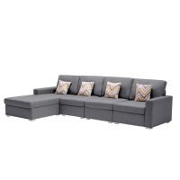 Lilola Home Nolan Gray Linen Fabric 4Pc Reversible Sectional Sofa Chaise With Pillows And Interchangeable Legs
