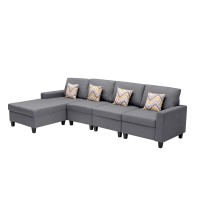 Lilola Home Nolan Gray Linen Fabric 4Pc Reversible Sectional Sofa Chaise With Pillows And Interchangeable Legs