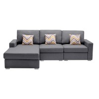 Lilola Home Nolan Gray Linen Fabric 3Pc Reversible Sectional Sofa Chaise With Pillows And Interchangeable Legs