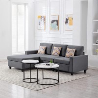 Lilola Home Nolan Gray Linen Fabric 3Pc Reversible Sectional Sofa Chaise With Pillows And Interchangeable Legs
