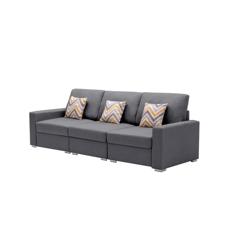 Lilola Home Nolan Gray Linen Fabric Sofa With Pillows And Interchangeable Legs