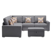 Lilola Home Nolan Gray Linen Fabric 6Pc Reversible Sectional Sofa With Pillows, Storage Ottoman, And Interchangeable Legs