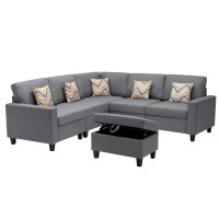 Lilola Home Nolan Gray Linen Fabric 6Pc Reversible Sectional Sofa With Pillows, Storage Ottoman, And Interchangeable Legs