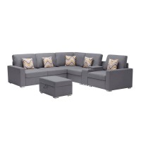 Lilola Home Nolan Gray Linen Fabric 7Pc Reversible Sectional Sofa With Interchangeable Legs, Pillows, Storage Ottoman, And A Usb, Charging Ports, Cupholders, Storage Console Table