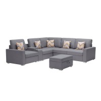 Lilola Home Nolan Gray Linen Fabric 7Pc Reversible Sectional Sofa With Interchangeable Legs, Pillows, Storage Ottoman, And A Usb, Charging Ports, Cupholders, Storage Console Table