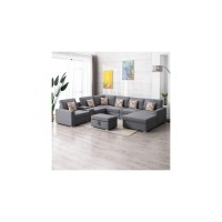 Lilola Home Nolan Gray Linen Fabric 8Pc Reversible Chaise Sectional Sofa With Interchangeable Legs, Pillows, Storage Ottoman, And A Usb, Charging Ports, Cupholders, Storage Console Table
