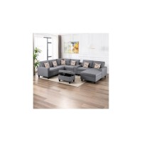Lilola Home Nolan Gray Linen Fabric 8Pc Reversible Chaise Sectional Sofa With Interchangeable Legs, Pillows, Storage Ottoman, And A Usb, Charging Ports, Cupholders, Storage Console Table