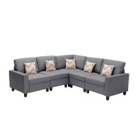 Lilola Home Nolan Gray Linen Fabric 5Pc Reversible Sectional Sofa With Pillows And Interchangeable Legs