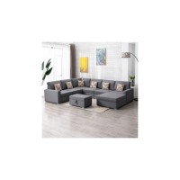 Lilola Home Nolan Gray Linen Fabric 7Pc Reversible Chaise Sectional Sofa With Interchangeable Legs, Pillows And Storage Ottoman