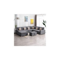 Lilola Home Nolan Gray Linen Fabric 7Pc Reversible Chaise Sectional Sofa With Interchangeable Legs, Pillows And Storage Ottoman