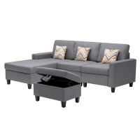 Lilola Home Nolan Gray Linen Fabric 4Pc Reversible Sofa Chaise With Interchangeable Legs, Storage Ottoman, And Pillows
