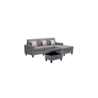 Lilola Home Nolan Gray Linen Fabric 4Pc Reversible Sofa Chaise With Interchangeable Legs, Storage Ottoman, And Pillows