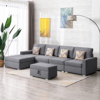 Lilola Home Nolan Gray Linen Fabric 5Pc Reversible Sofa Chaise With Interchangeable Legs, Storage Ottoman, And Pillows