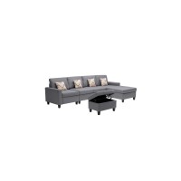 Lilola Home Nolan Gray Linen Fabric 5Pc Reversible Sofa Chaise With Interchangeable Legs, Storage Ottoman, And Pillows