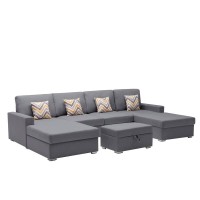Lilola Home Nolan Gray Linen Fabric 5Pc Double Chaise Sectional Sofa With Interchangeable Legs, Storage Ottoman, And Pillows