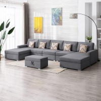 Lilola Home Nolan Gray Linen Fabric 6Pc Double Chaise Sectional Sofa With Interchangeable Legs, Storage Ottoman, And Pillows