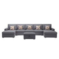 Lilola Home Nolan Gray Linen Fabric 6Pc Double Chaise Sectional Sofa With Interchangeable Legs, Storage Ottoman, And Pillows