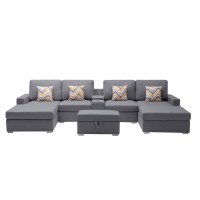 Lilola Home Nolan Gray Linen Fabric 6Pc Double Chaise Sectional Sofa With Interchangeable Legs, Storage Ottoman, Pillows, And A Usb, Charging Ports, Cupholders, Storage Console Table