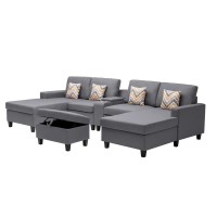 Lilola Home Nolan Gray Linen Fabric 6Pc Double Chaise Sectional Sofa With Interchangeable Legs, Storage Ottoman, Pillows, And A Usb, Charging Ports, Cupholders, Storage Console Table