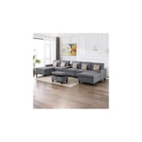 Lilola Home Nolan Gray Linen Fabric 7Pc Double Chaise Sectional Sofa With Interchangeable Legs, Storage Ottoman, Pillows, And A Usb, Charging Ports, Cupholders, Storage Console Table