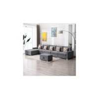 Lilola Home Nolan Gray Linen Fabric 6Pc Reversible Sectional Sofa Chaise With Interchangeable Legs, Pillows And Storage Ottoman