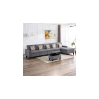 Lilola Home Nolan Gray Linen Fabric 6Pc Reversible Sectional Sofa Chaise With Interchangeable Legs, Pillows And Storage Ottoman